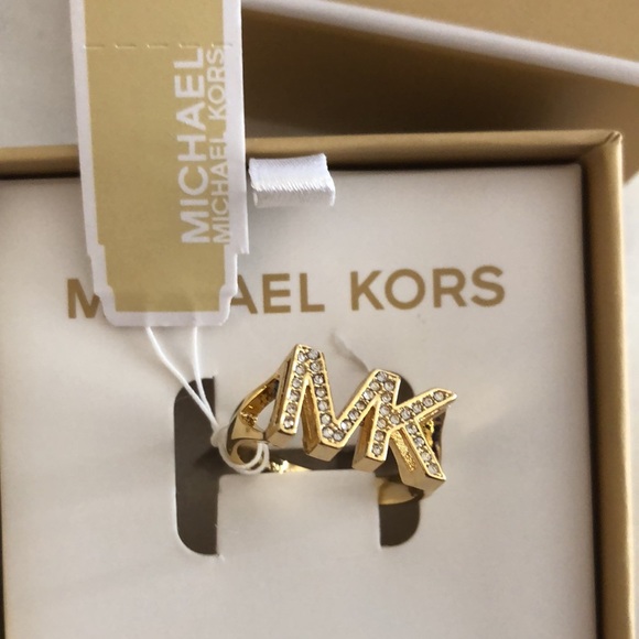 Michael Kors Gold Plated Brass Gold Tone MK Logo Ring Crystal Accents Size 8 NWT - Picture 4 of 13